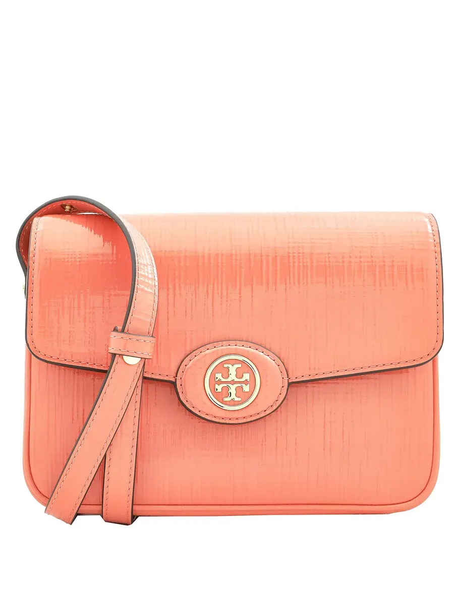 Кожаная трансформируемая сумка на плечо Tory Burch Robinson с тиснением — изображение 1 из 5, коралловый