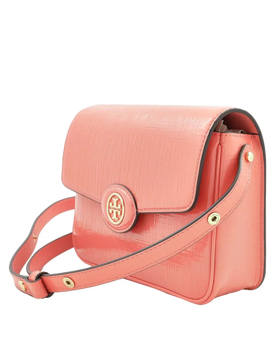 Кожаная трансформируемая сумка на плечо Tory Burch Robinson с тиснением — изображение 3 из 5, коралловый