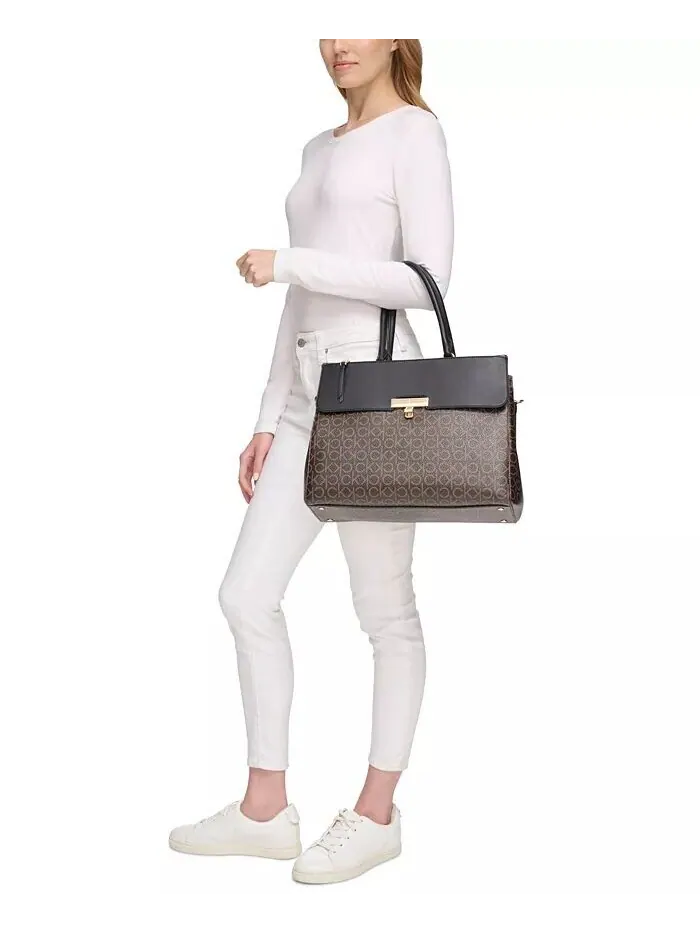 Коричневая сумка-тоут Calvin Klein Becky Signature с поворотным замком — изображение 3 из 7, коричневый хаки/черный