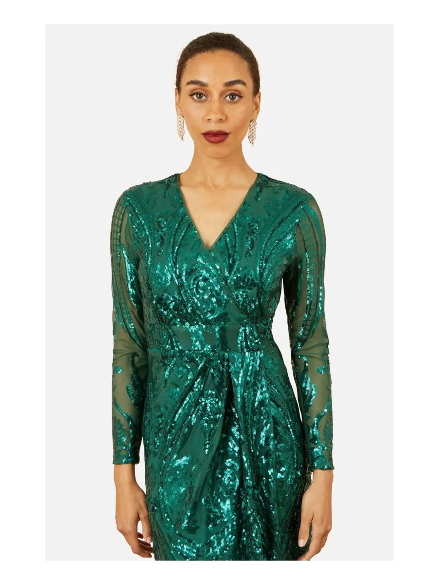 Женское платье-миди с длинными рукавами и пайетками Yumi — изображение 5 из 8, зеленый