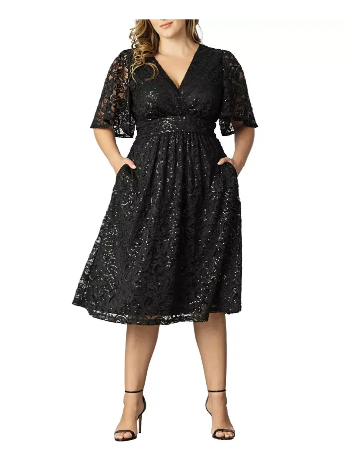 Женское платье для коктейля с кружевом и пайетками в виде звезд Plus Size Kiyonna — изображение 1 из 1, оникс