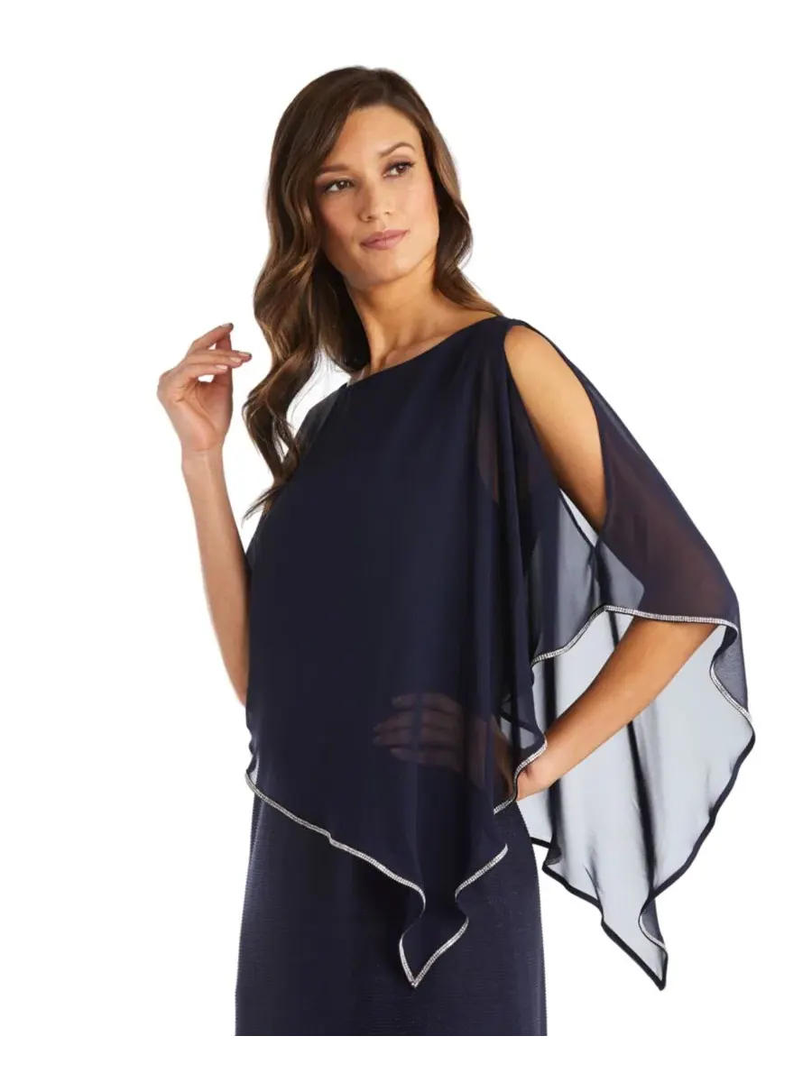 Платье-пончо с пайетками Petite Scoop Neck Rhinestone Poncho Gown R & M Richards — изображение 2 из 3, темно-синий