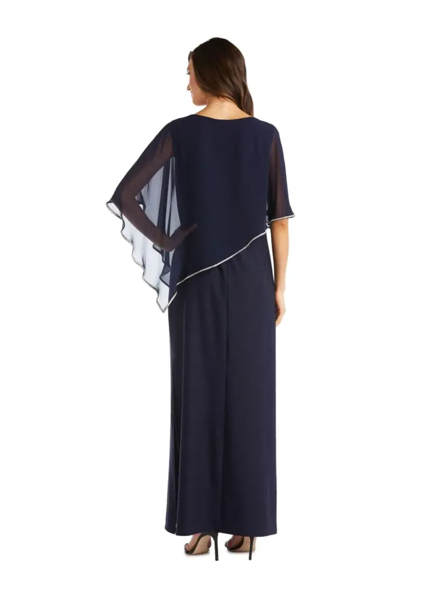 Платье-пончо с пайетками Petite Scoop Neck Rhinestone Poncho Gown R & M Richards — изображение 3 из 3, темно-синий