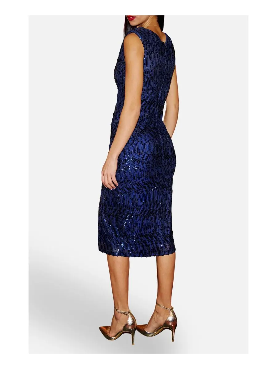 Женское облегающее платье-халат с пайетками и разрезом по низу, расшитое пайетками Yumi — изображение 8 из 8, темно-синий