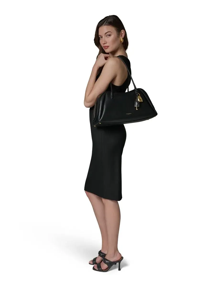 Большая кожаная сумка через плечо Terry Donna Karan New York — изображение 8 из 9, черный/золотистый