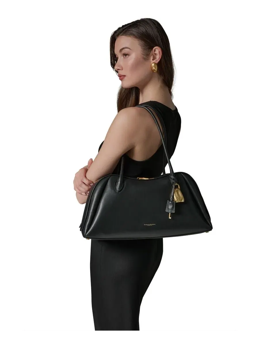 Большая кожаная сумка через плечо Terry Donna Karan New York — изображение 9 из 9, черный/золотистый