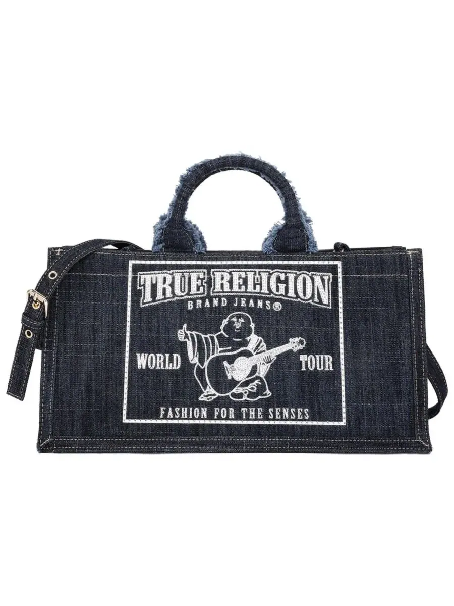 Сумка-тоут из денима с принтом Bling Buddha East/West True Religion — изображение 1 из 6, темный джинсовый синий