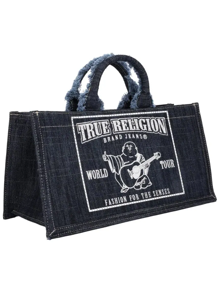 Сумка-тоут из денима с принтом Bling Buddha East/West True Religion — изображение 2 из 6, темный джинсовый синий