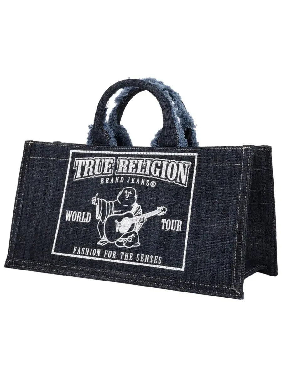 Сумка-тоут из денима с принтом Bling Buddha East/West True Religion — изображение 3 из 6, темный джинсовый синий