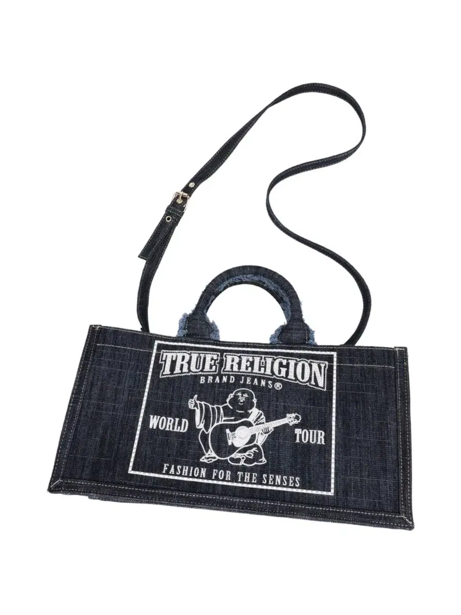 Сумка-тоут из денима с принтом Bling Buddha East/West True Religion — изображение 6 из 6, темный джинсовый синий