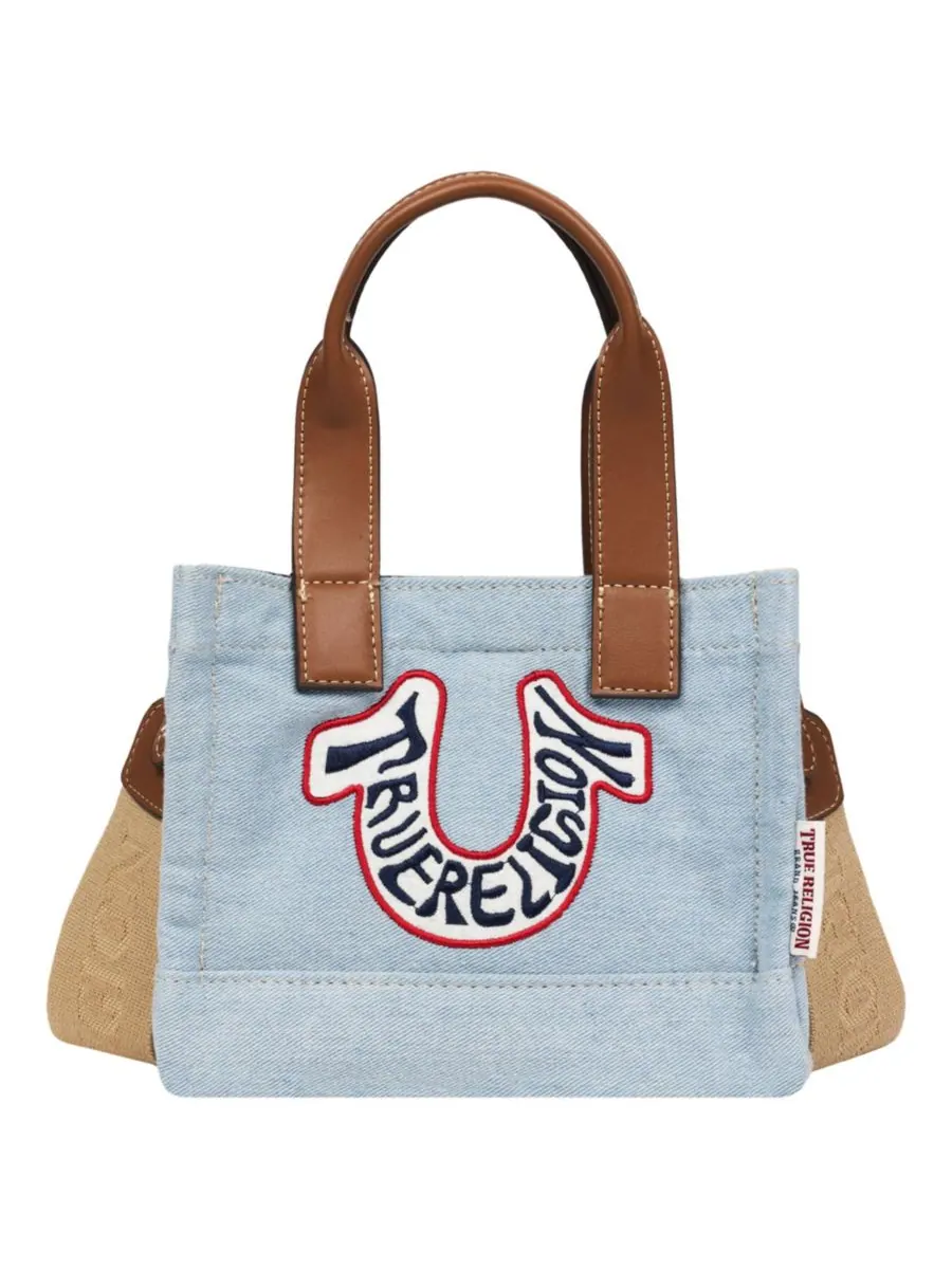 Ретро-сумка-шоппер из джинсовой ткани в форме подковы True Religion — изображение 1 из 6, джинсовый синий