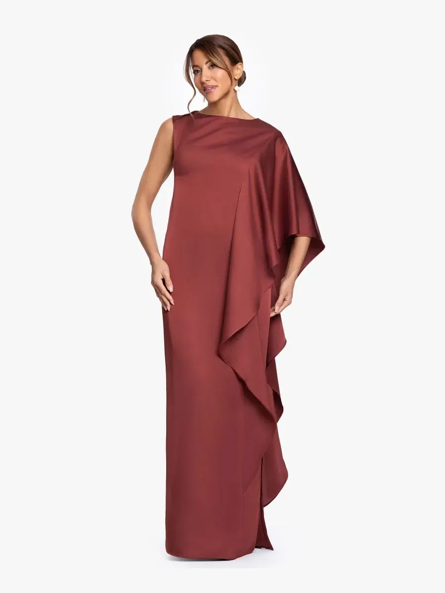 Платье вечернее с рукавом-крылышком, модель Draped-Sleeve Boat Neck Betsy & Adam — коричневый
