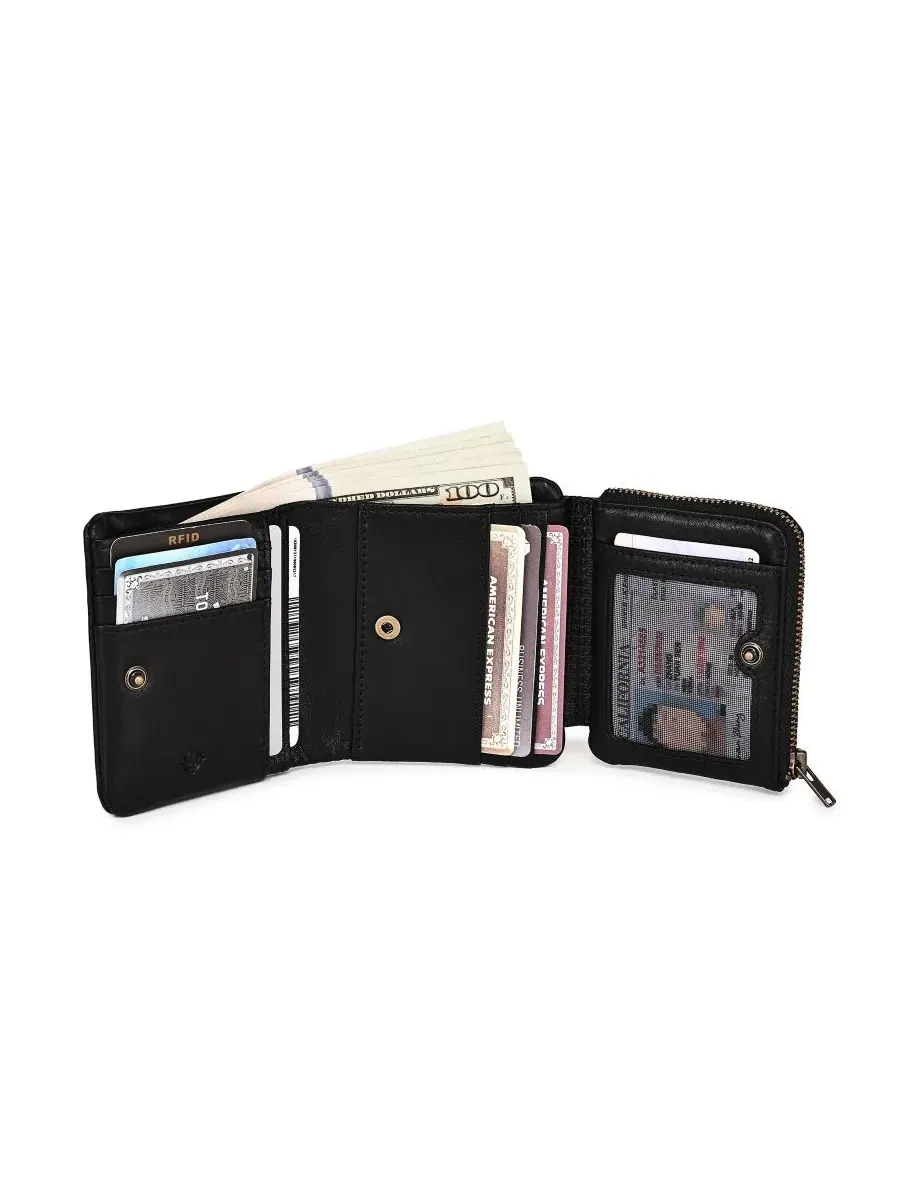 Кошелек-трифолд из натуральной кожи с RFID-защитой, Clover Trifold Wallet OLD TREND — изображение 3 из 8, черный