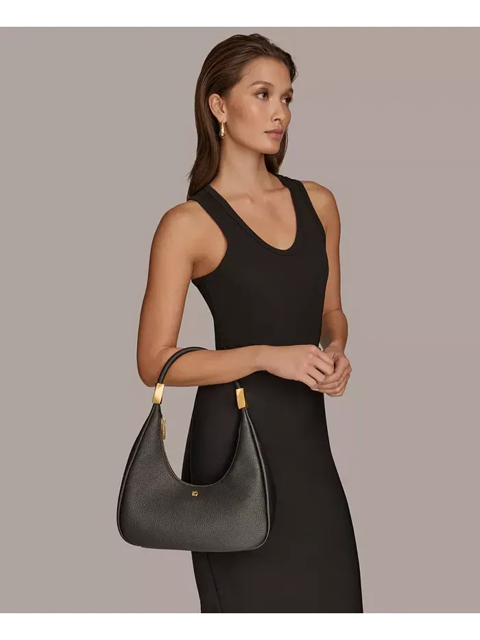 Кожаная маленькая сумка-хобо Quogue через плечо Donna Karan New York — изображение 8 из 8, черный/золотистый