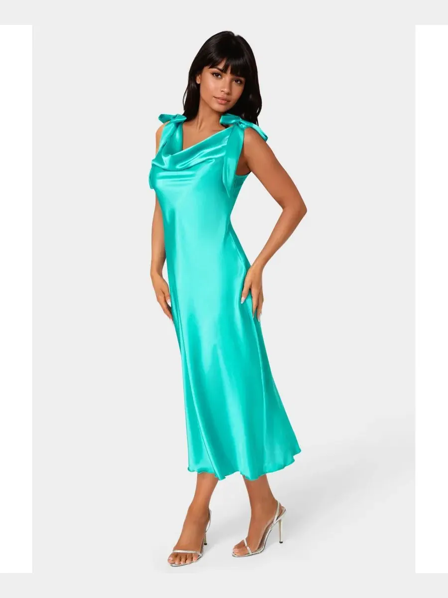 Женское атласное платье миди с бантом на бретелях Bebe, Turquoise / Emerald — изображение 2 из 3
