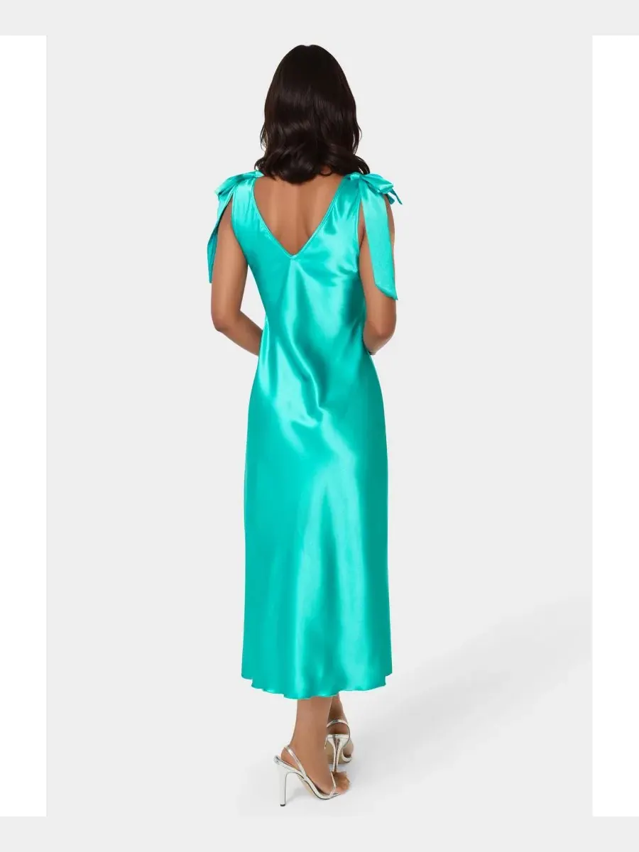 Женское атласное платье миди с бантом на бретелях Bebe, Turquoise / Emerald — изображение 3 из 3