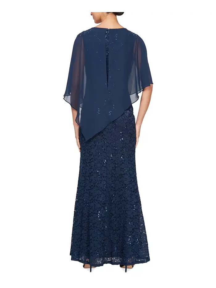Женское платье-каплет из шифона с кружевом и пайетками SL Fashions — изображение 2 из 2, темно-синий