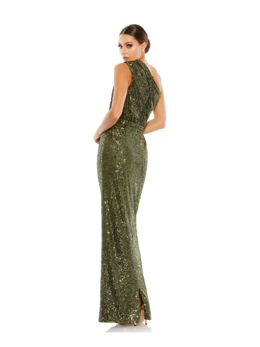 Mac Duggal Женское вечернее платье для невысоких женщин на одно плечо с драпировкой и пайетками — изображение 2 из 3