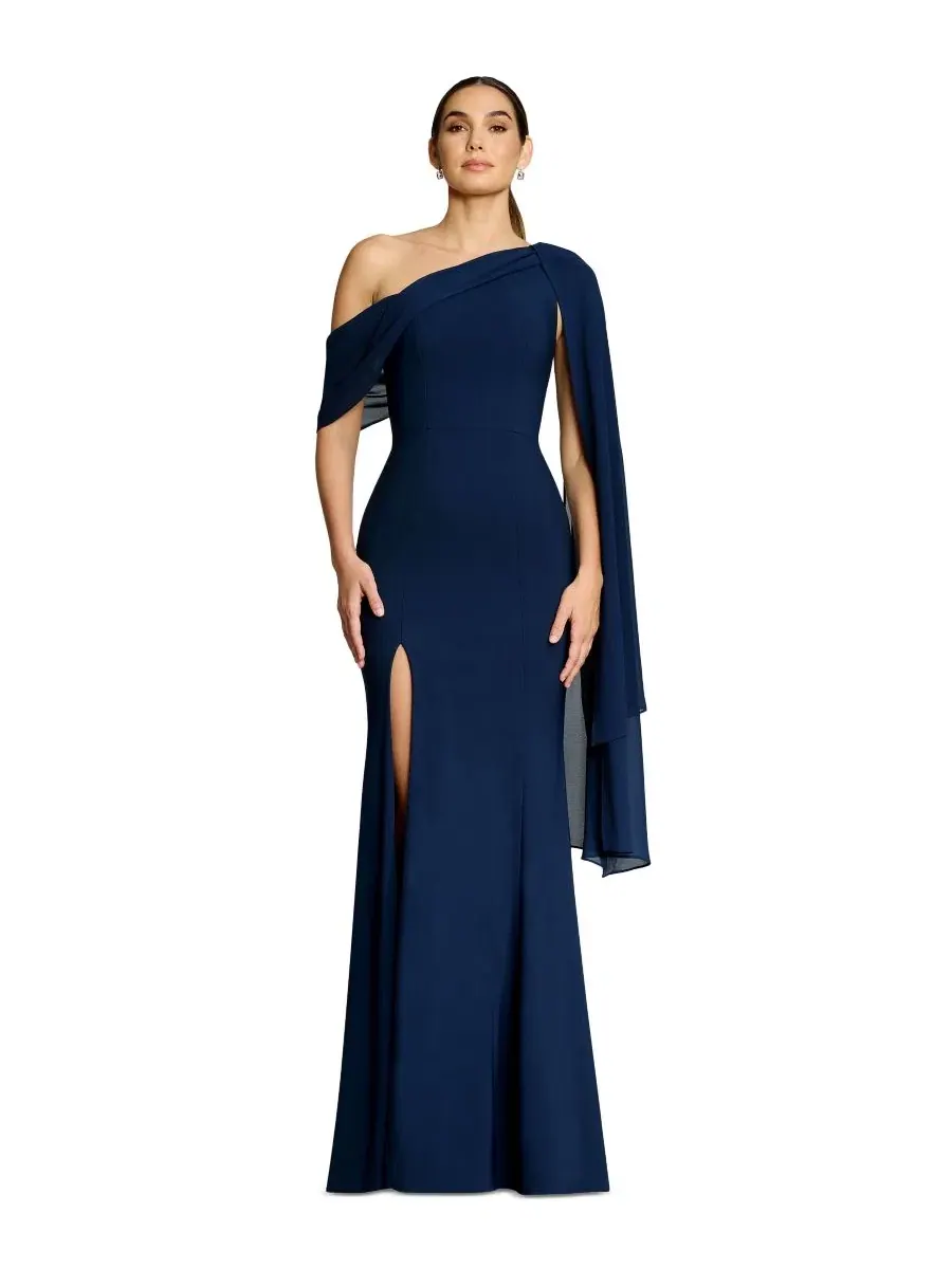 Вечернее платье с одним плечом и высоким разрезом, модель One-Shoulder High-Slit A-Line Gown Dress — синий