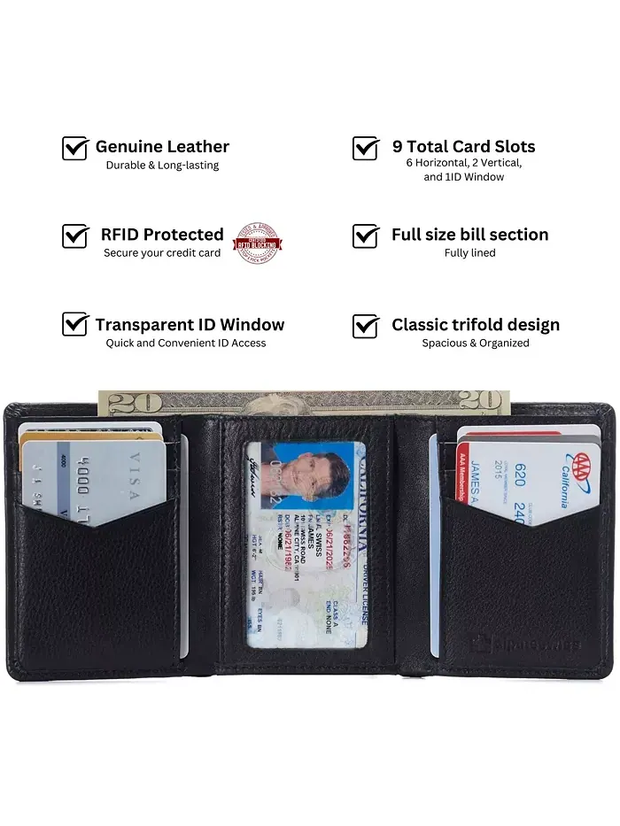 Мужской кошелек Leon Trifold с защитой от RFID, из натуральной кожи, с окошком для удостоверения — изображение 3 из 6, черный