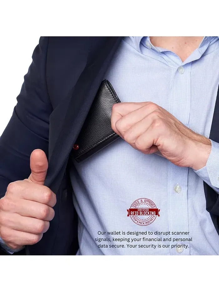 Мужской кошелек Leon Trifold с защитой от RFID, из натуральной кожи, с окошком для удостоверения — изображение 6 из 6, черный