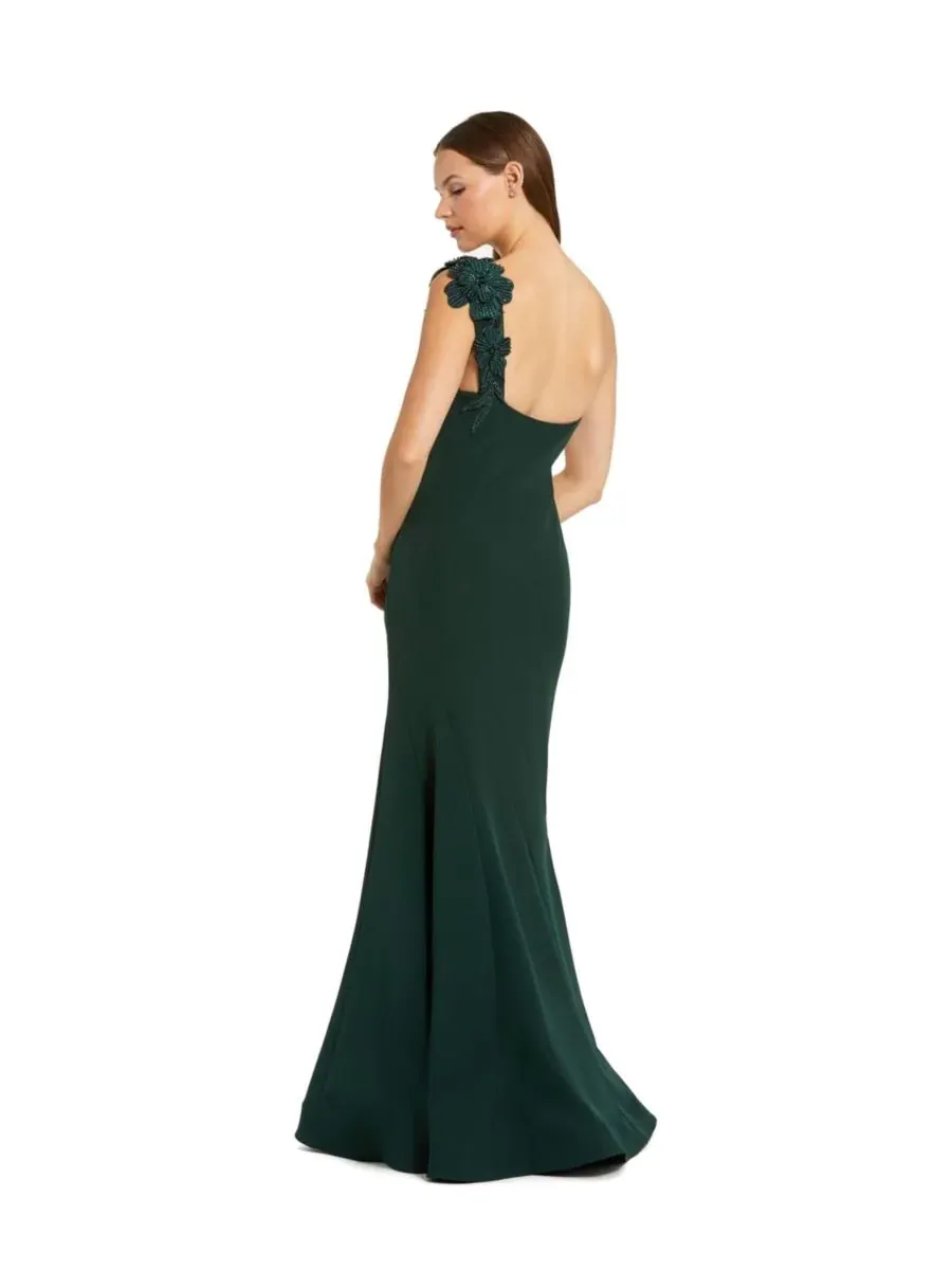 Mac Duggal Женское платье-русалка из крепа на одно плечо, расшитое бисером и цветами — изображение 2 из 3, глубокий зеленый