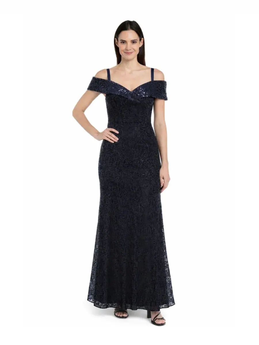 Платье вечернее с кружевом и пайетками, с открытыми плечами, Petite Sequined Lace Gown R & M