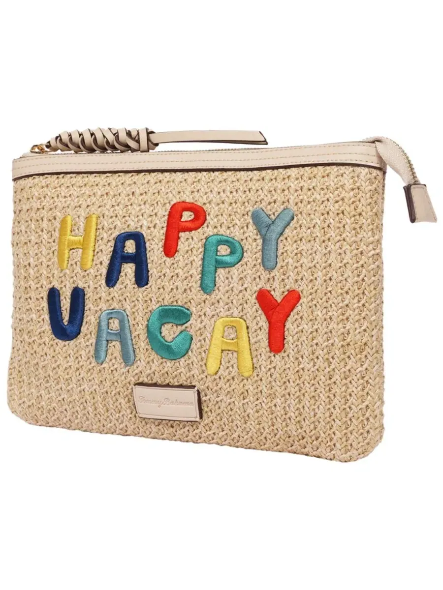 Клатч Happy Vacay из рафии - плетеная соломенная сумка на молнии с вышитой надписью Tommy Bahama — изображение 3 из 8