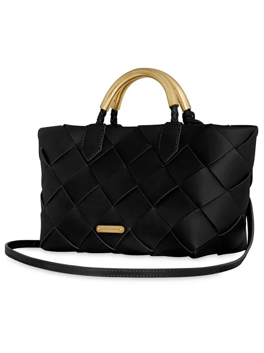 Сумка-тоут из плетеной кожи Frankie Woven Medium Leather Tote Handbag Rebecca Minkoff — изображение 2 из 3, черный