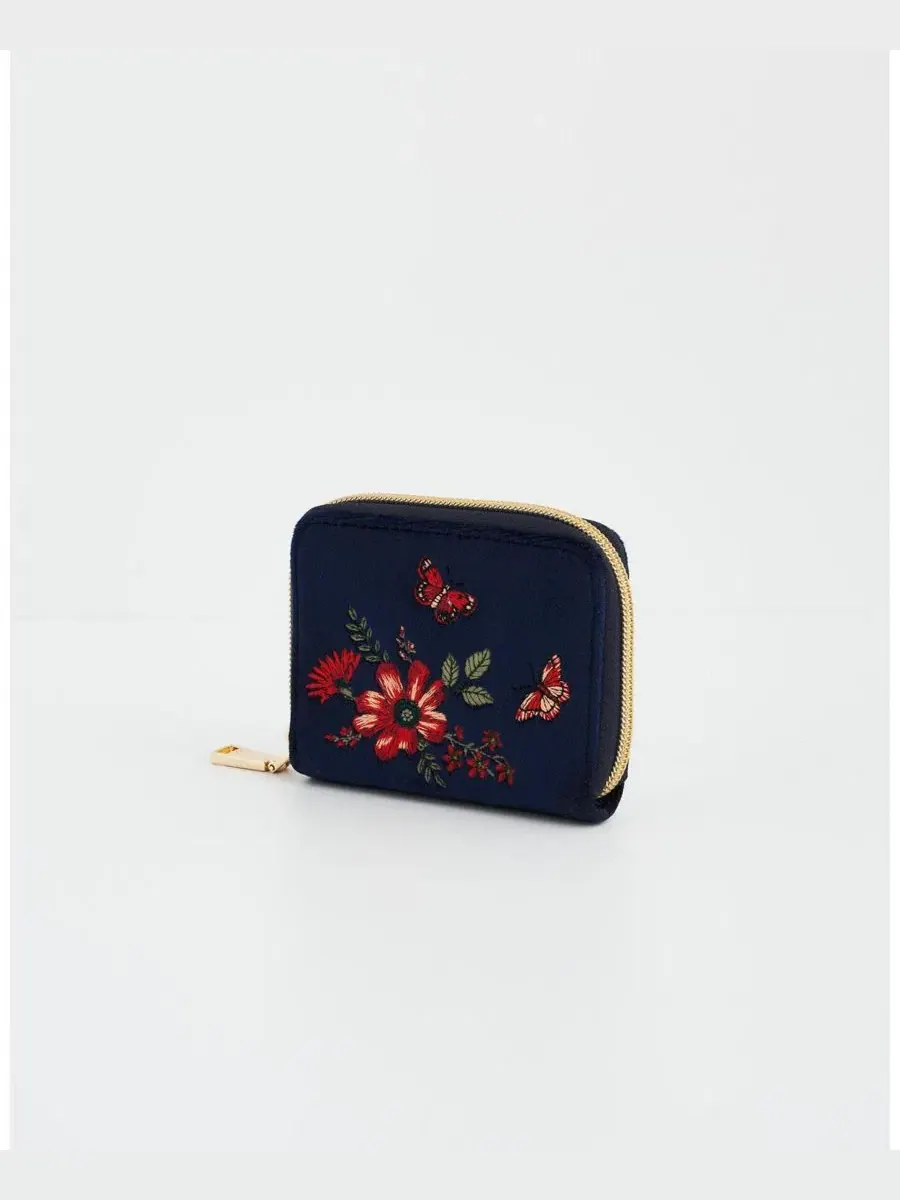 Женский бархатный кошелек с вышивкой бабочки Navy Floral Velvet Purse Fable England — изображение 5 из 7, темно-синий