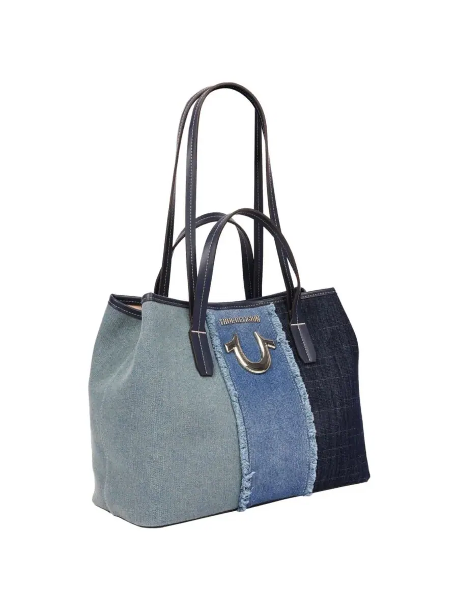 Сумка-шопер с бахромой и джинсовым принтом Frayed Denim Horseshoe Tote True Religion — изображение 3 из 8, синий