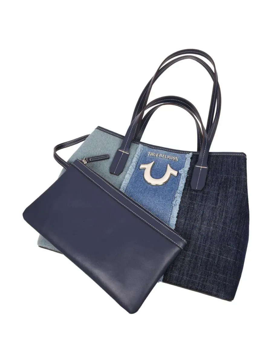 Сумка-шопер с бахромой и джинсовым принтом Frayed Denim Horseshoe Tote True Religion — изображение 8 из 8, синий