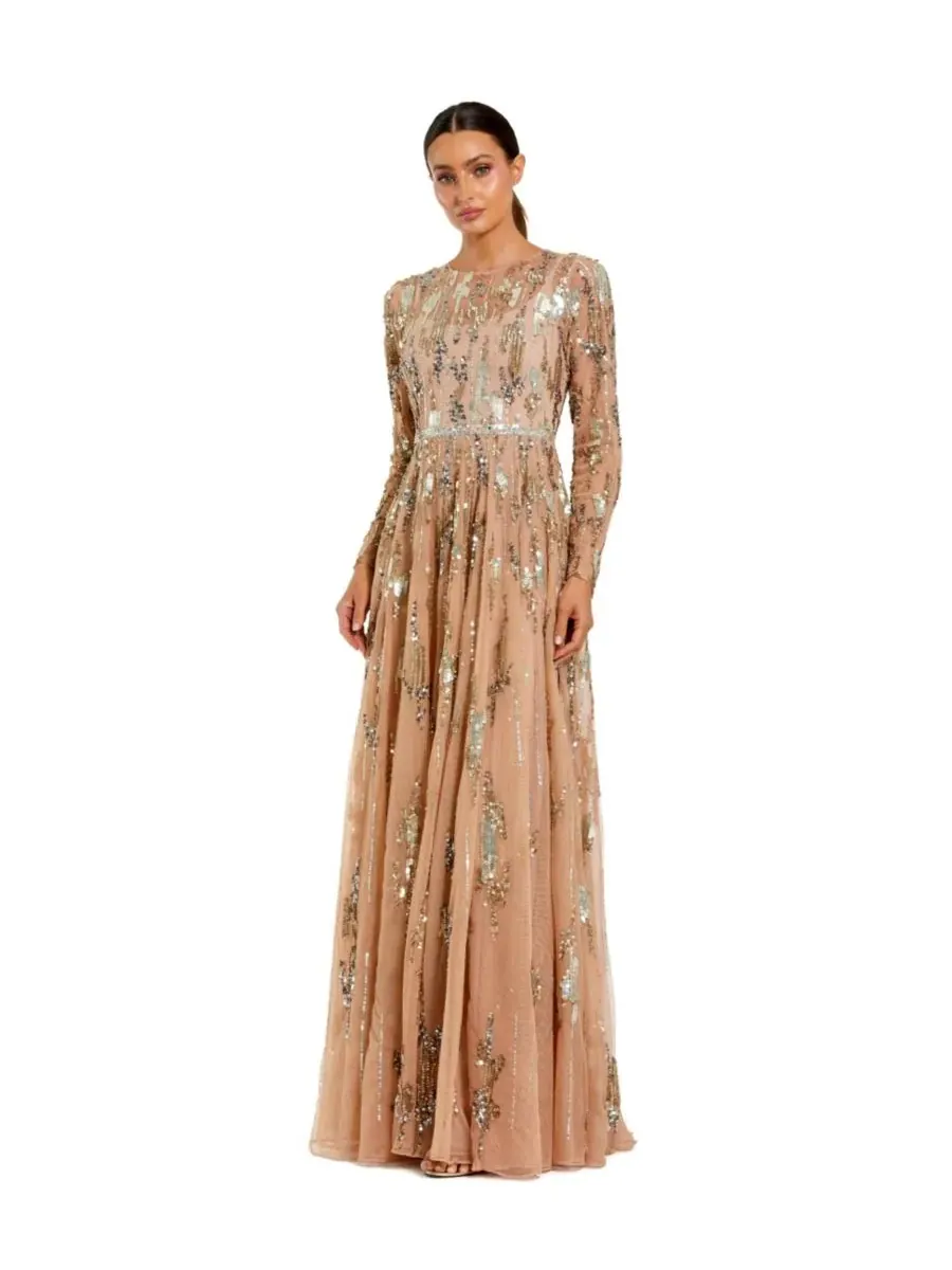Mac Duggal Женское вечернее платье с длинными рукавами, сетчатой отделкой и декором — изображение 1 из 3, тауп