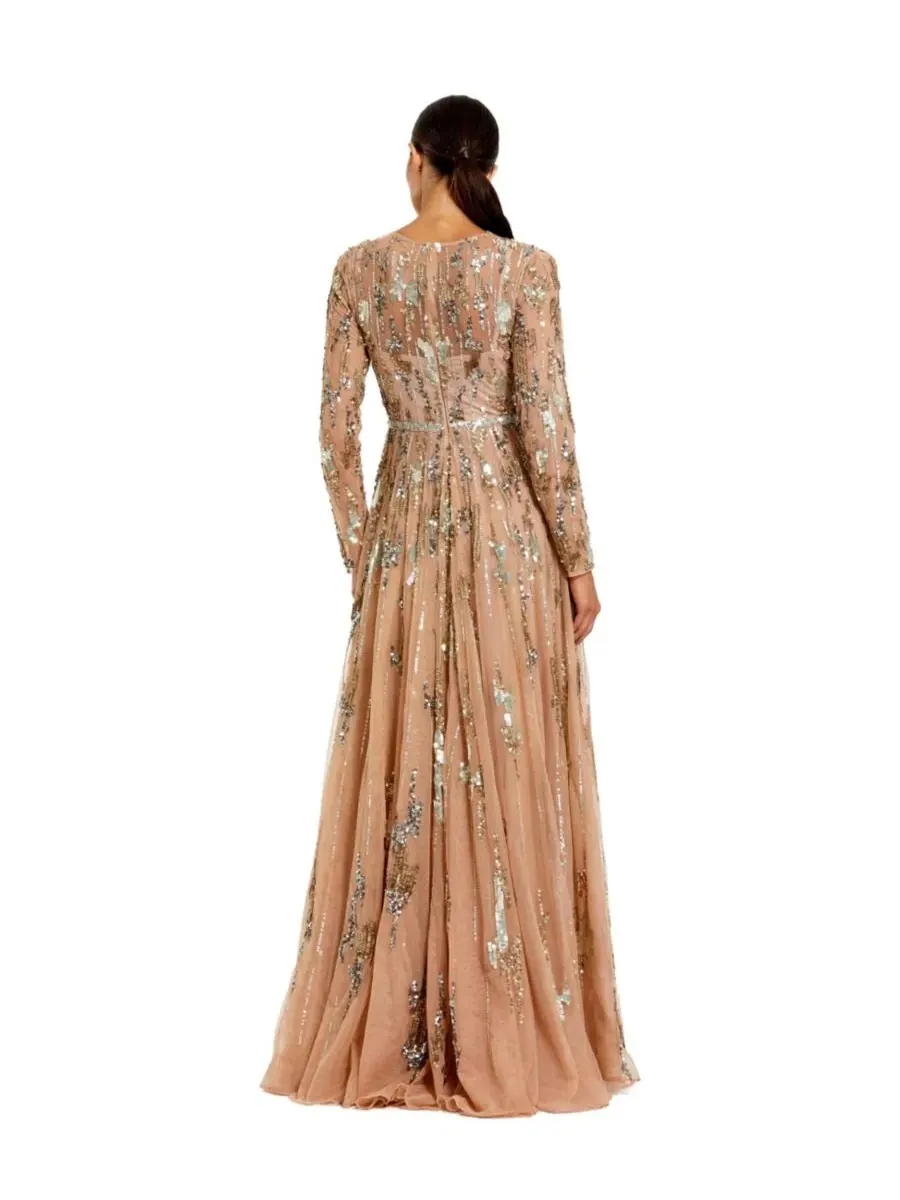 Mac Duggal Женское вечернее платье с длинными рукавами, сетчатой отделкой и декором — изображение 2 из 3, тауп