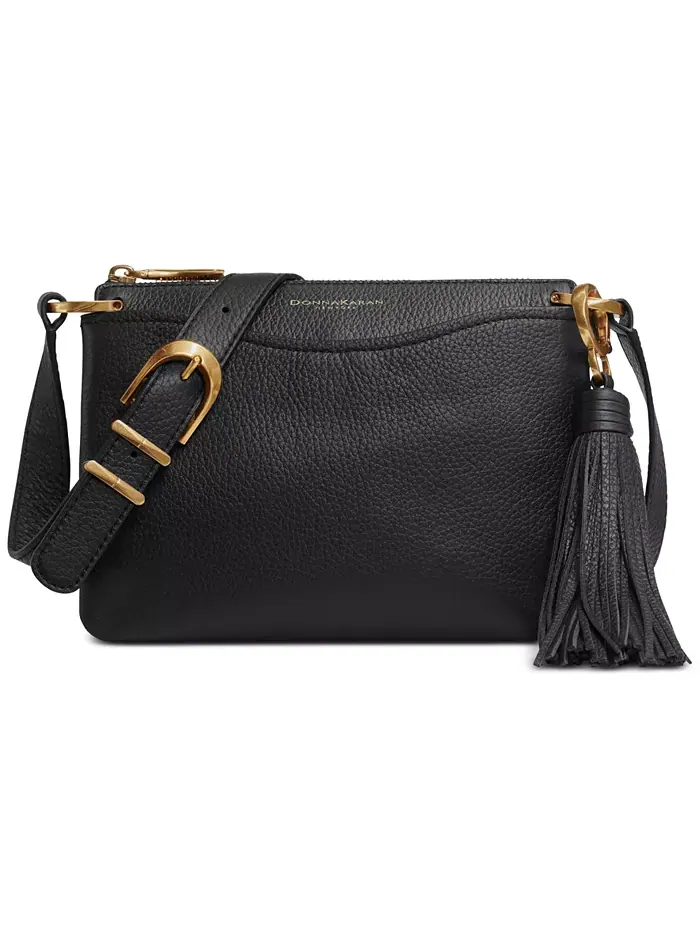 Гленвуд Кожаная сумка-кроссбоди на молнии с кисточками Donna Karan New York — изображение 1 из 7, золотистый