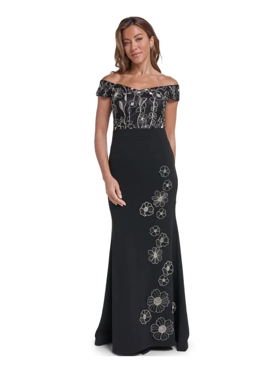 Вечернее платье с цветочной вышивкой, модель Floral Combo-Skirt Gown Eliza J — изображение 1 из 5, черный