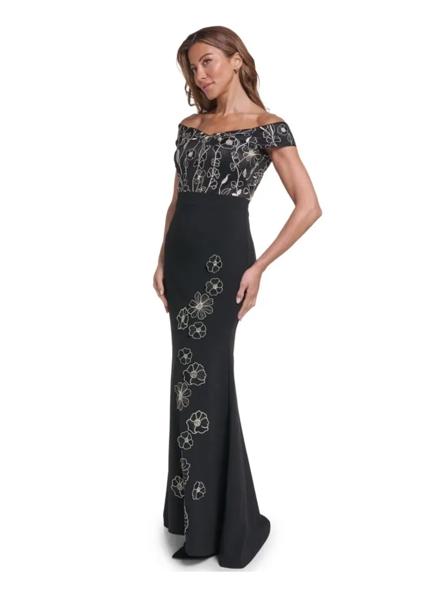 Вечернее платье с цветочной вышивкой, модель Floral Combo-Skirt Gown Eliza J — изображение 2 из 5, черный