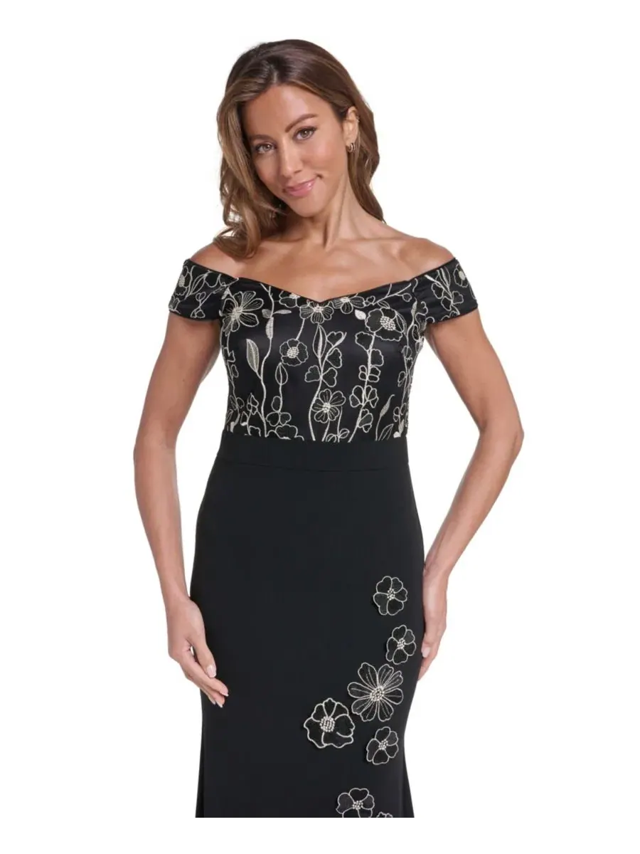 Вечернее платье с цветочной вышивкой, модель Floral Combo-Skirt Gown Eliza J — изображение 3 из 5, черный
