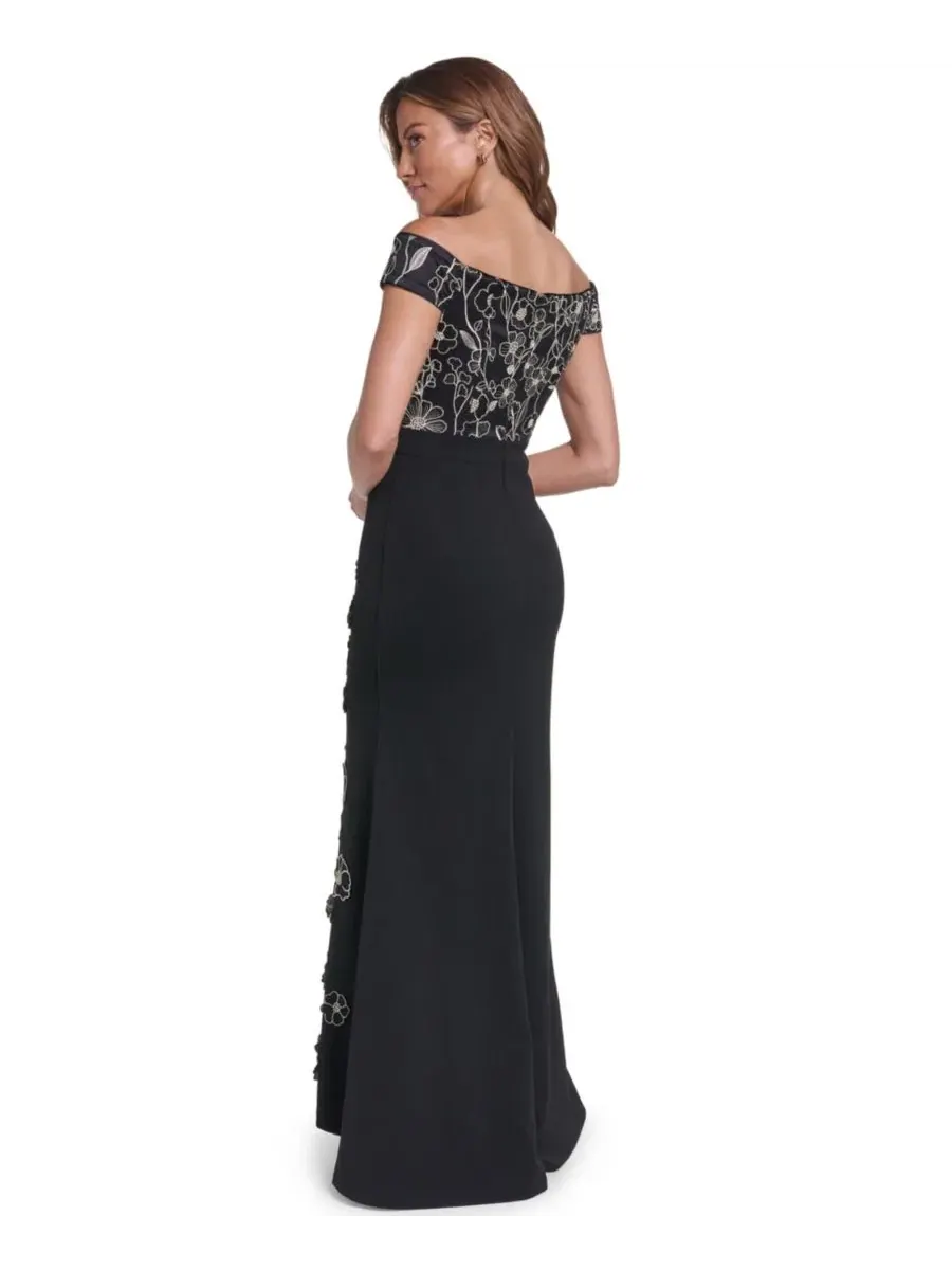 Вечернее платье с цветочной вышивкой, модель Floral Combo-Skirt Gown Eliza J — изображение 5 из 5, черный