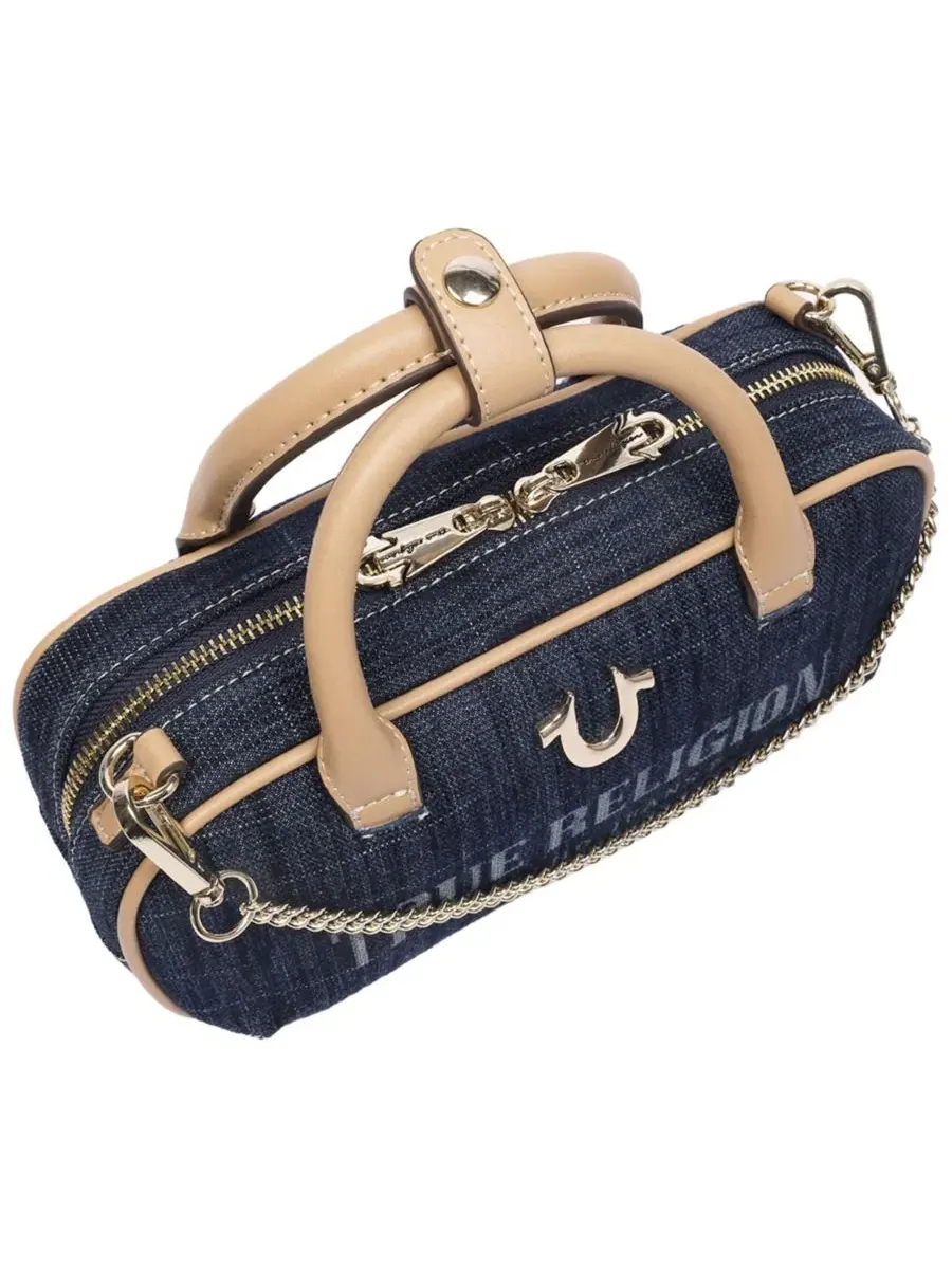 Bentley Denim and PU Mini Satchel - Женская сумка через плечо с верхней ручкой и цепочкой True — изображение 5 из 9, бежевый