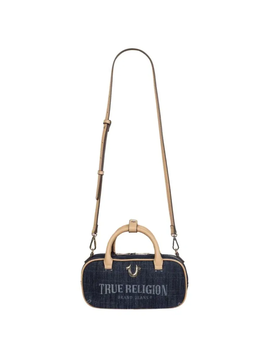 Bentley Denim and PU Mini Satchel - Женская сумка через плечо с верхней ручкой и цепочкой True — изображение 8 из 9, бежевый