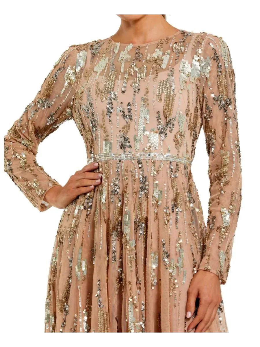 Mac Duggal Женское вечернее платье с длинными рукавами, сетчатой отделкой и декором — изображение 3 из 3, тауп