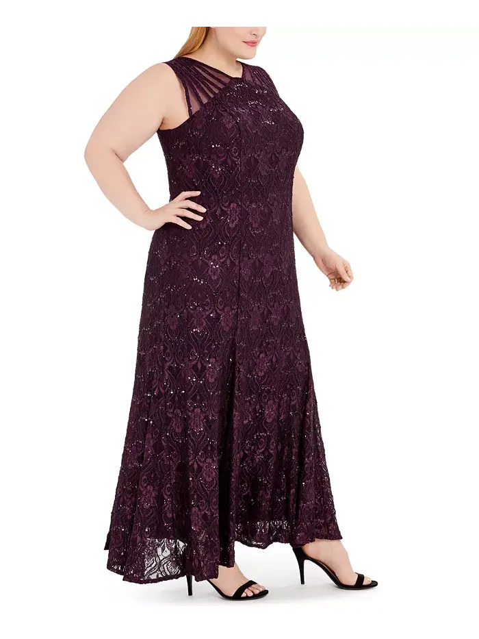 Платье вечернее с кружевом и пайетками Plus Size R & M Richards — изображение 3 из 4, фиолетовый