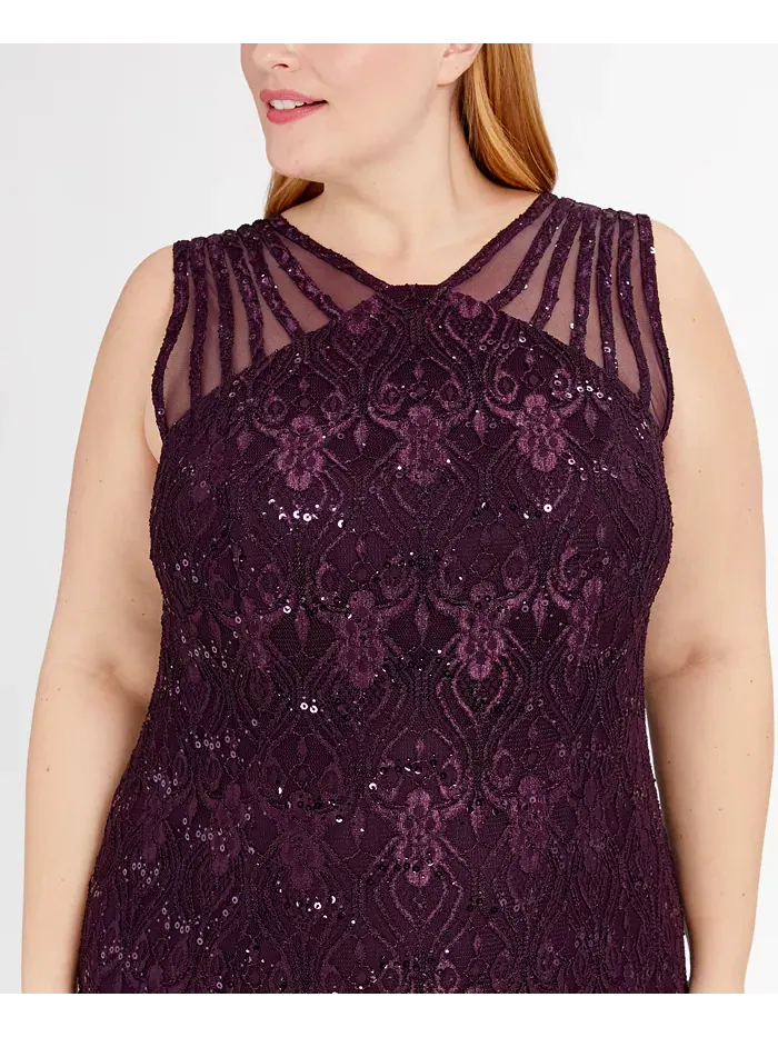 Платье вечернее с кружевом и пайетками Plus Size R & M Richards — изображение 4 из 4, фиолетовый