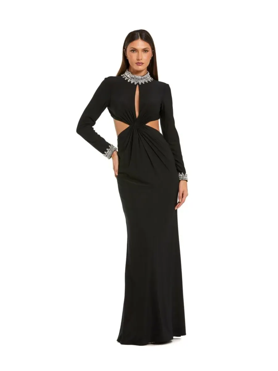 Mac Duggal Женское вечернее платье из трикотажа с длинными рукавами и вырезами, украшенное вышивкой — изображение 1 из 3