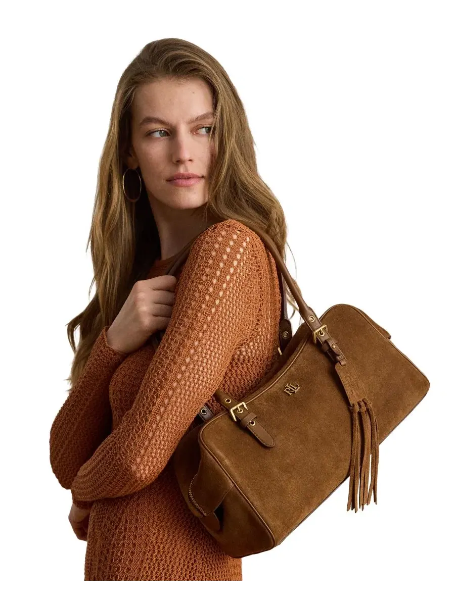 Сумка-шопер с застежкой-молнией, модель Marcy Zipper Suede Large Satchel Handbag Lauren Ralph — изображение 2 из 8