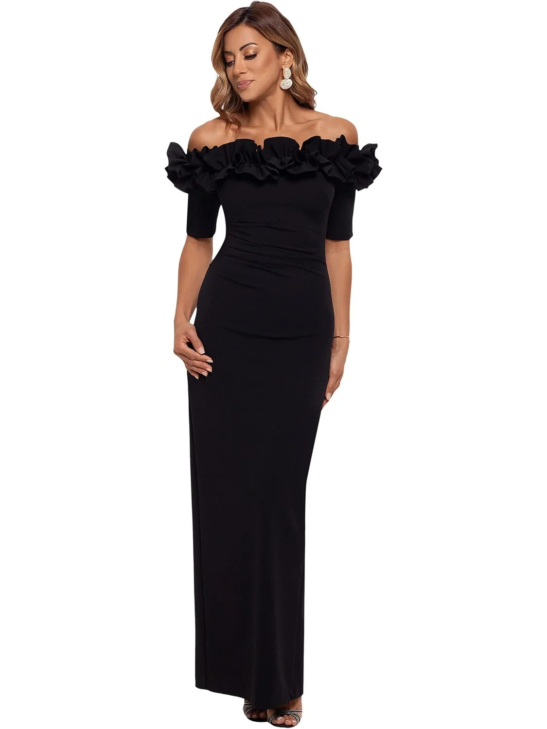 Платье Long Crepe Off The Shoulder Ruffle Short Sleeve XSCAPE — черный