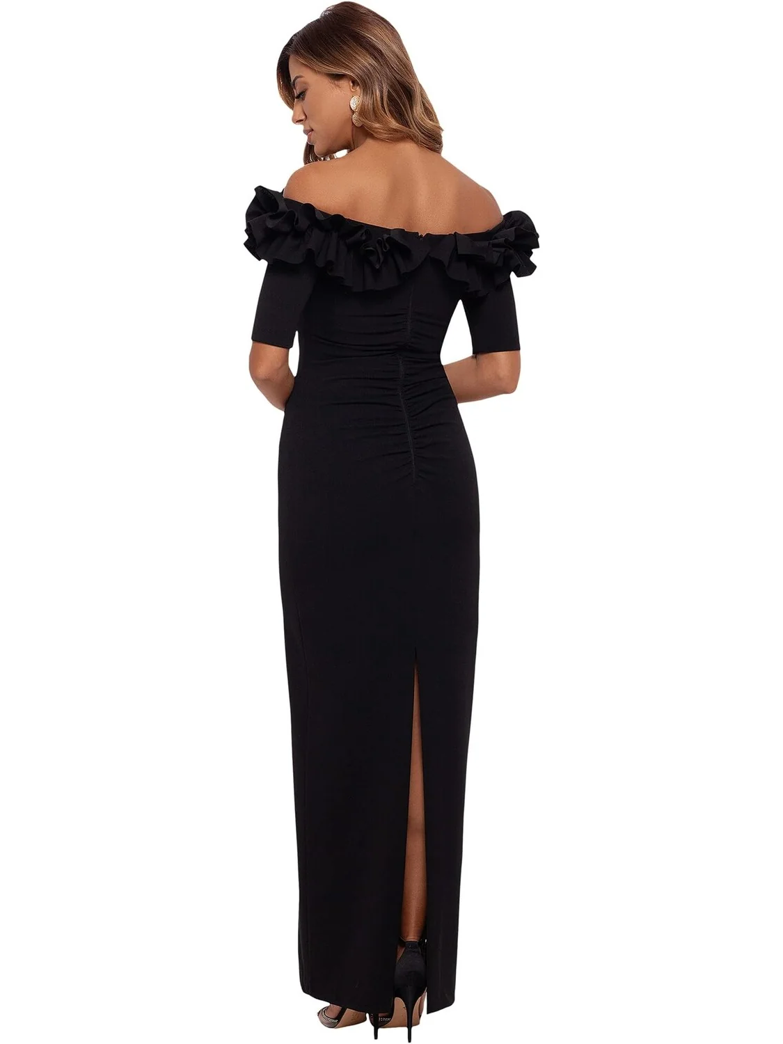 Платье Long Crepe Off The Shoulder Ruffle Short Sleeve XSCAPE — изображение 2 из 2, черный