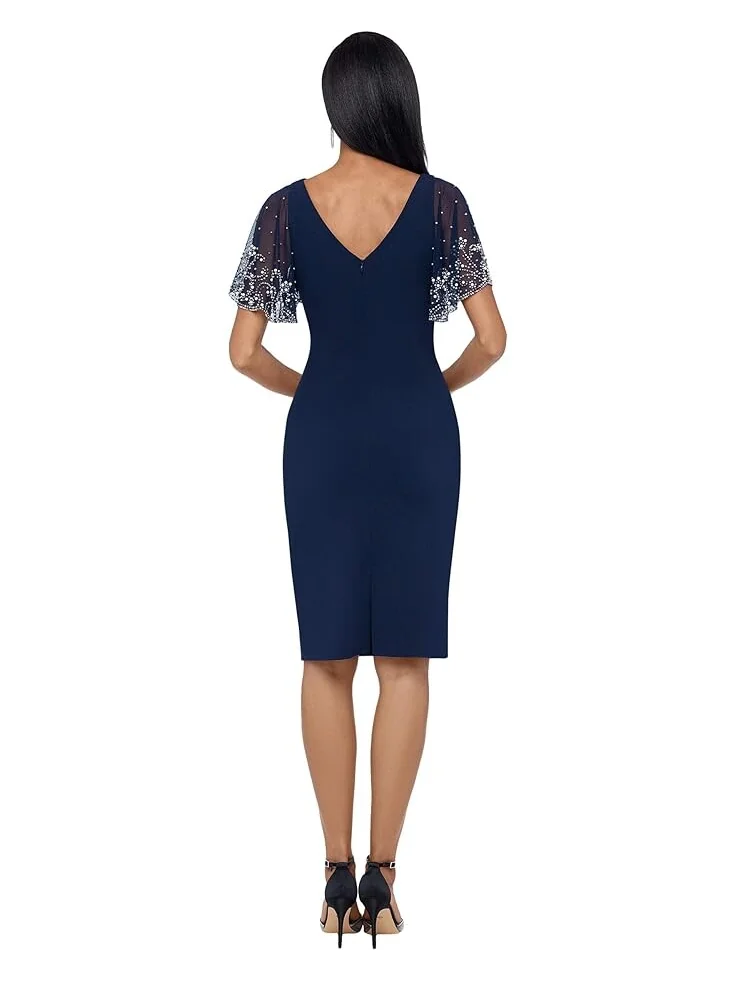Платье Betsy & Adam Short Ruched Crepe w/ Beaded Flutter Sleeve — изображение 3 из 3, темно-синий