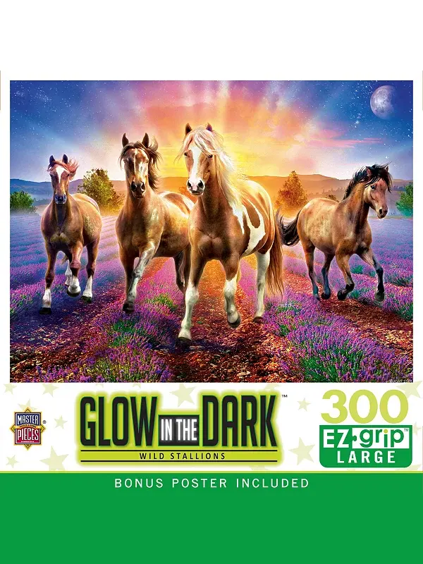 Шедевры, светящиеся в темноте — пазл EZ Grip из 300 деталей «Дикие жеребцы» Masterpieces Puzzles — изображение 1 из 3
